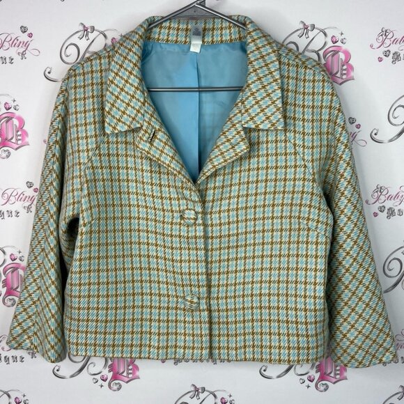 Old navy blazer button up green brown y2k coat Plaid Jacket houndstooth - Picture 1 of 9